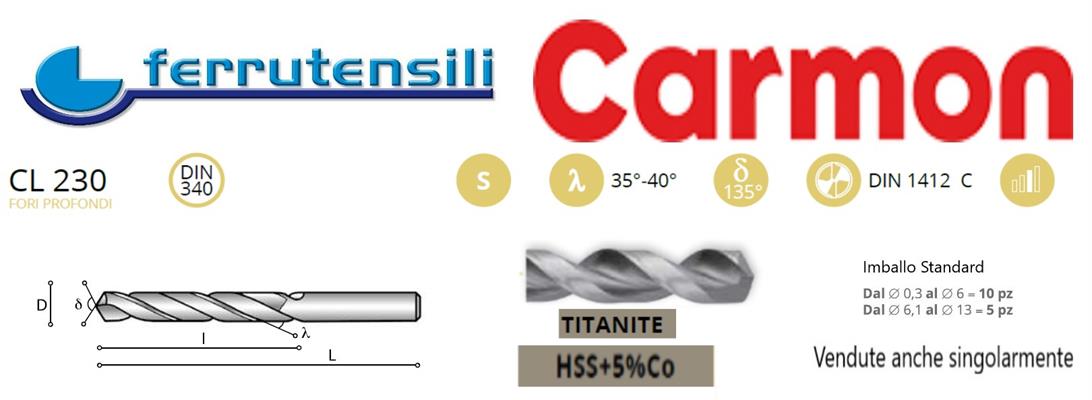 PUNTA CARMON DIN340 CL230 HSS5%Co TITANITE Ø mm.