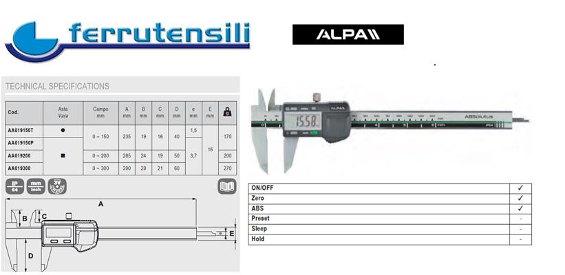 CALIBRO ALPA DIGITALE ALPA IP54 MM.0-150 ASTA PIATTA